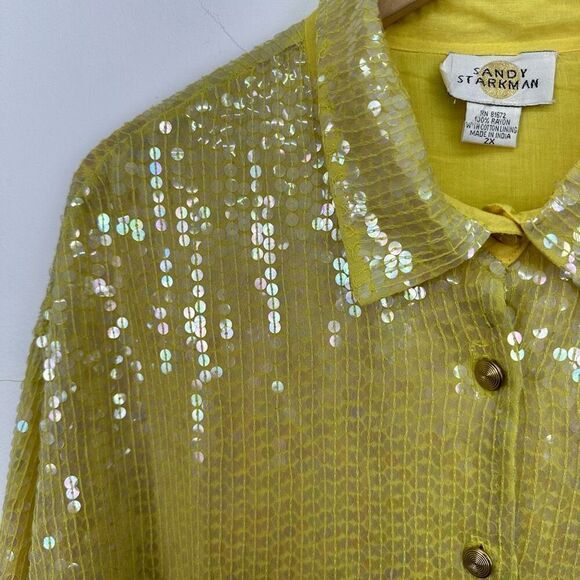 Sandy Starkman Woman’s Yellow Dip Dye All Over Iridescent Sequin Button Down Blo - Picture 4 of 7